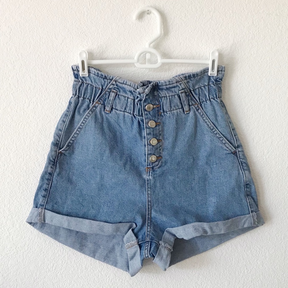 topshop paperbag high-waisted denim shorts
